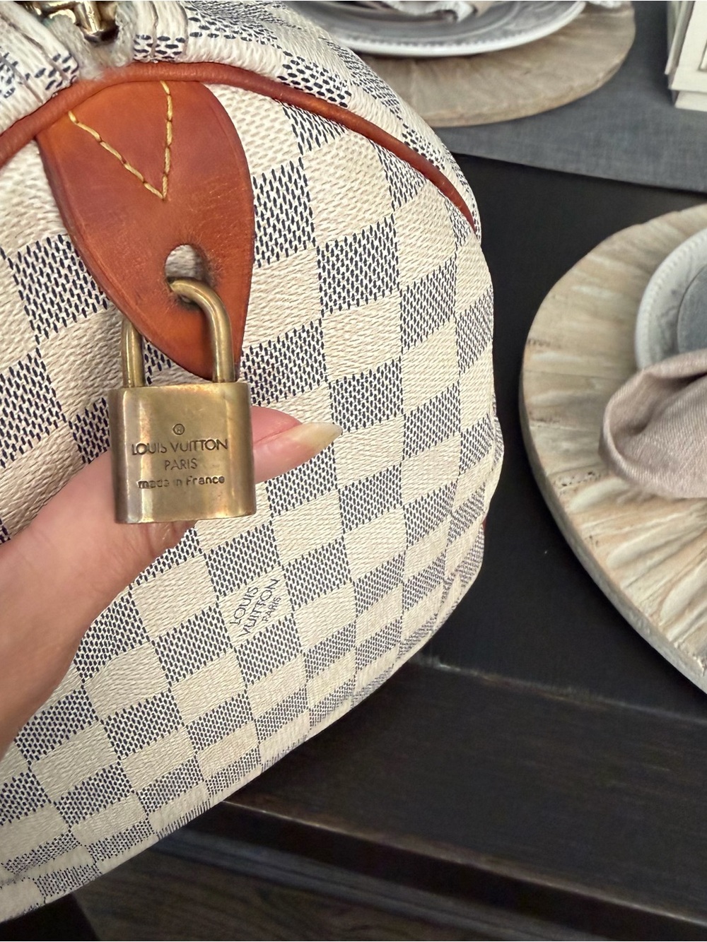 Classic Checkered Travel Bag Speedy 35 in Cream & Gray with Brown Trim - Picture 13 of 15